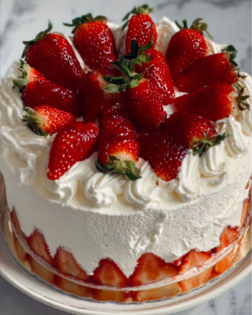 A round cake with two layers is shown, covered with white whipped cream. The top layer has whole and sliced red strawberries decorated all around, sitting on the whipped cream. The sides show a thin layer of red strawberries filling between the cake layers. The cake is placed on a white plate and set on a white marbled surface. The texture looks soft and creamy with fresh, shiny strawberries on top. Photo taken with an iphone --ar 4:5 --v 7
