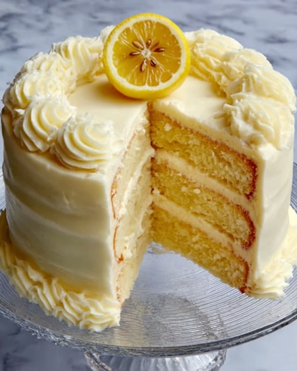 A three-layer cake with pale yellow sponge and creamy white frosting between each layer. The outside is smoothly covered with thick white frosting, decorated on top with swirled ridges. A half lemon with seeds showing sits in the center on top. The cake is on a clear glass plate against a white marbled background. A slice is missing, showing the inside layers clearly. Photo taken with an iphone --ar 4:5 --v 7