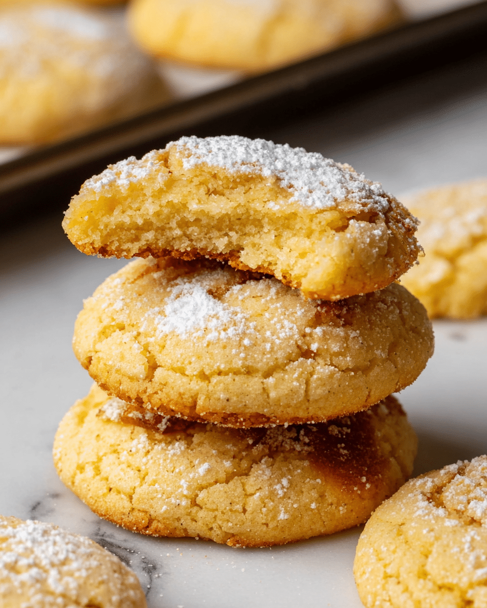 The image shows a stack of three round cookies on a white marbled surface, each cookie is golden brown with a slightly rough texture and topped with a light dusting of powdered sugar. The top cookie has a bite taken out of it, revealing a soft and crumbly pale yellow inside. Additional cookies with the same color and texture are scattered around the stack, and some rest on a dark baking tray in the background. photo taken with an iphone --ar 4:5 --v 7