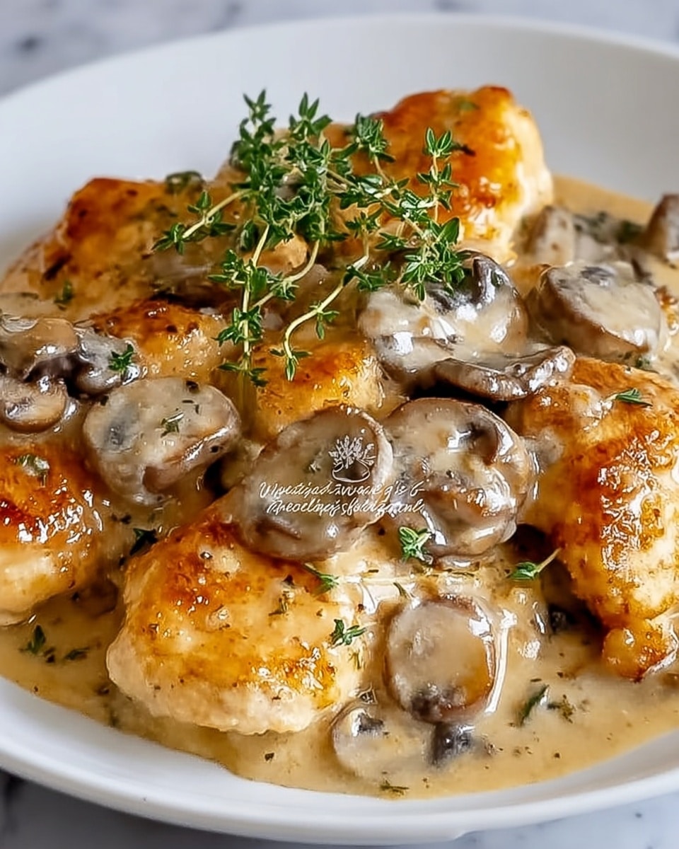 The dish shows a close-up of golden-brown pieces of chicken covered with a creamy mushroom sauce. The chicken pieces have a slightly crispy texture on the outside. The sauce is light brown with sliced mushrooms scattered on top, giving a smooth and creamy look. Small green sprigs of thyme are placed on the center, adding a fresh touch to the dish. It is served on a white plate set against a white marbled textured background. photo taken with an iphone --ar 4:5 --v 7