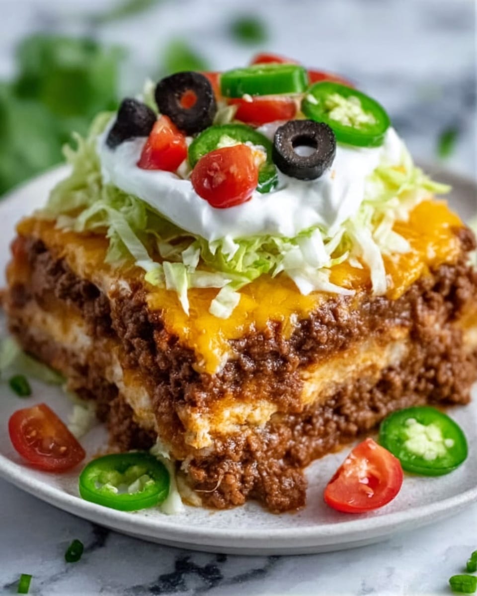 A close-up of a layered taco casserole slice on a white plate, showing four visible layers: a bottom layer of seasoned ground beef with a dark brown, moist texture; above it, a melted cheddar cheese layer with a bright orange color; then a thin layer of shredded lettuce that is light green and crisp; topped with a generous dollop of white sour cream. The sour cream is decorated with green sliced jalapeños, black olive rounds, and small red tomato pieces. The background is a soft-focus white marbled surface. Photo taken with an iphone --ar 4:5 --v 7