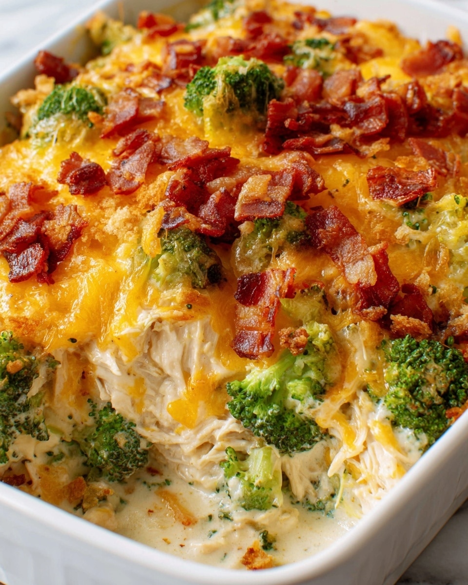 A close-up view of a white rectangular dish filled with a creamy casserole, showing roughly three layers: a bottom with green broccoli florets and shredded chicken mixed in a white creamy sauce, topped with melted cheddar cheese in a rich yellow-orange color, and scattered crispy bacon bits in reddish-brown on top. The cheese layer is melted and gooey, slightly covering some broccoli. The broccoli has a firm, bright green texture, and the chicken appears tender and shredded. The dish is placed on a white marbled surface. Photo taken with an iphone --ar 4:5 --v 7