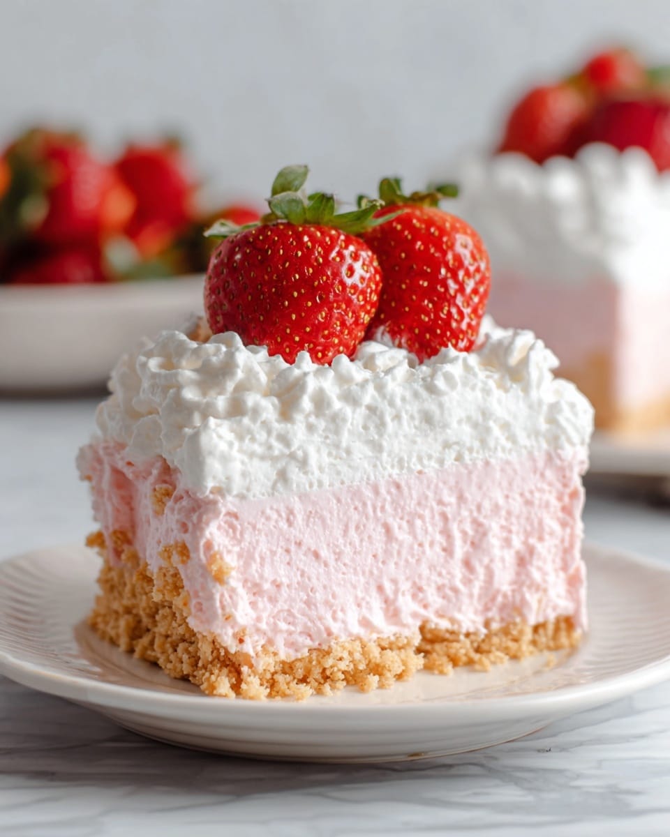A slice of pink strawberry mousse cake sits on a white plate with a crumbly golden crust at the bottom layer. Above the crust is a thick, soft pink mousse layer with a smooth texture. On top, there is a thick layer of white whipped cream, fluffy and light, crowned with fresh red strawberries with green leaves arranged in the center. The background is a white marbled texture with blurred strawberries visible in the distance. Photo taken with an iphone --ar 4:5 --v 7
