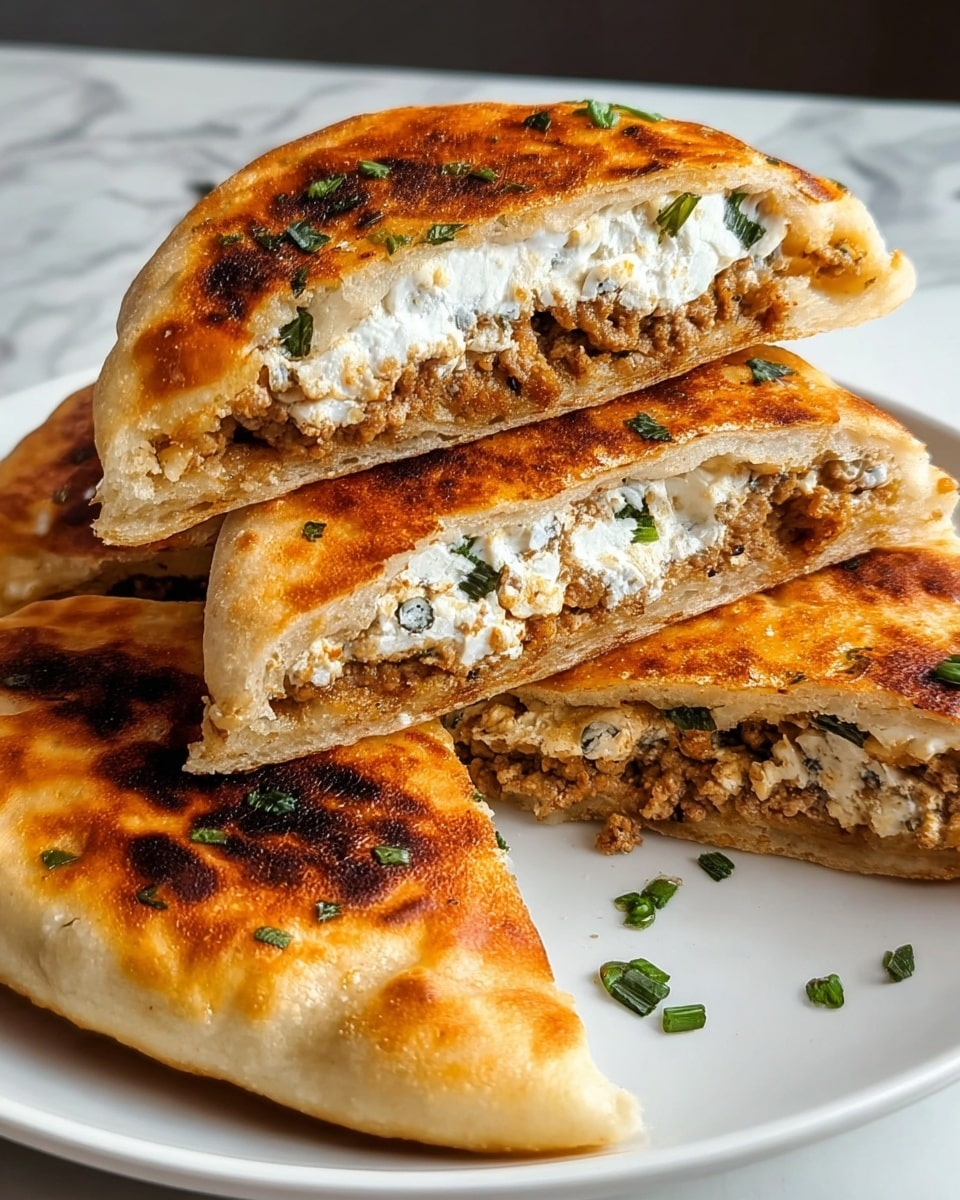 The image shows four stuffed, golden-brown flatbreads with a crispy, slightly charred outer layer, arranged on a white plate set on a white marbled surface. Each flatbread is cut in half, revealing two layers of filling inside: the bottom layer is a crumbly, light brown meat mixture, and the top layer is a white, creamy cheese speckled with small green herbs. The flatbreads have a soft, fluffy interior with a thin, crispy outer crust, and some small green herb pieces are scattered on top. photo taken with an iphone --ar 4:5 --v 7