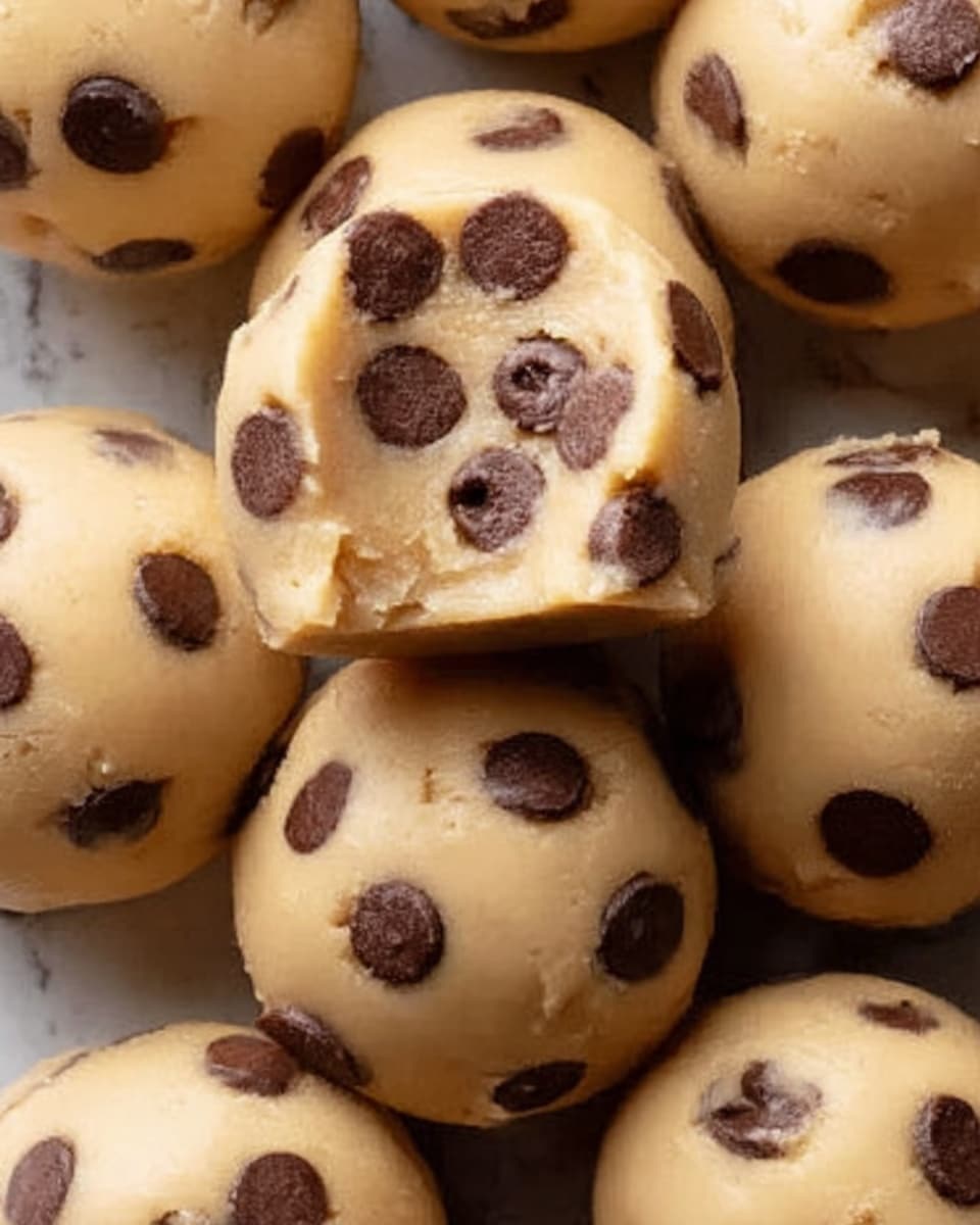 The image shows a close-up of round cookie dough balls with chocolate chips on the surface. Each ball has a smooth, beige dough layer studded with dark brown chocolate chips, with one ball in the center having a visible bite revealing a soft chocolate layer inside. The texture of the dough looks creamy and slightly soft, and the chocolate chips are slightly sunken into the dough. The background is a white marbled texture. photo taken with an iphone --ar 4:5 --v 7