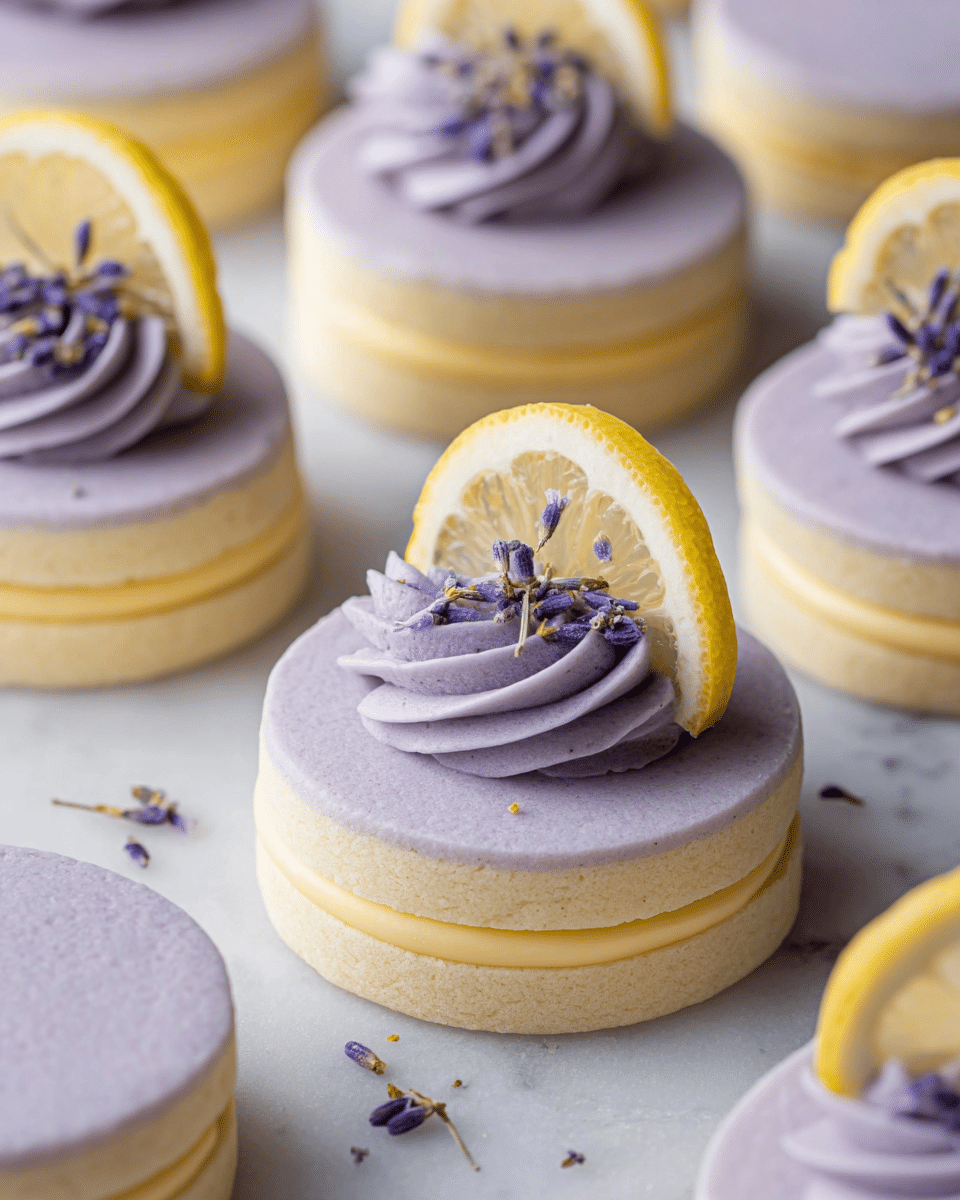 The image shows several round, two-layer lemon cookies on a white marbled surface. Each cookie has a pale yellow color with a smooth texture and a thick middle layer of light purple cream. On top of each cookie, there is a swirl of the same purple cream, decorated with small purple lavender flowers and a thin, semi-transparent slice of lemon standing upright. The bright yellow lemon slices contrast with the soft purple cream and the pale cookie layers, creating a fresh and delicate look. Photo taken with an iphone --ar 4:5 --v 7