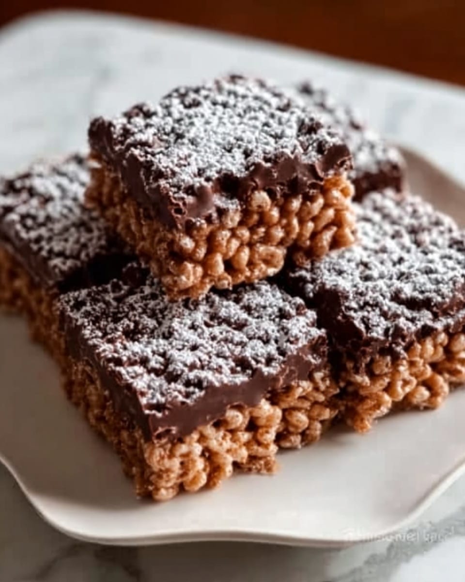 The image shows four square-shaped chocolate crispy treats arranged close together on a white plate with rounded edges. Each treat has two distinct layers: the bottom layer is made of light brown puffed rice cereal bound with chocolate, giving it a crunchy texture, and the top layer is a smooth, dark chocolate coating sprinkled evenly with a dusting of white powdered sugar. The treats have a shiny, slightly glossy look on the chocolate layer, contrasting with the matte, textured puffed rice below. The background and surface where the plate sits show a white marbled texture. photo taken with an iphone --ar 4:5 --v 7