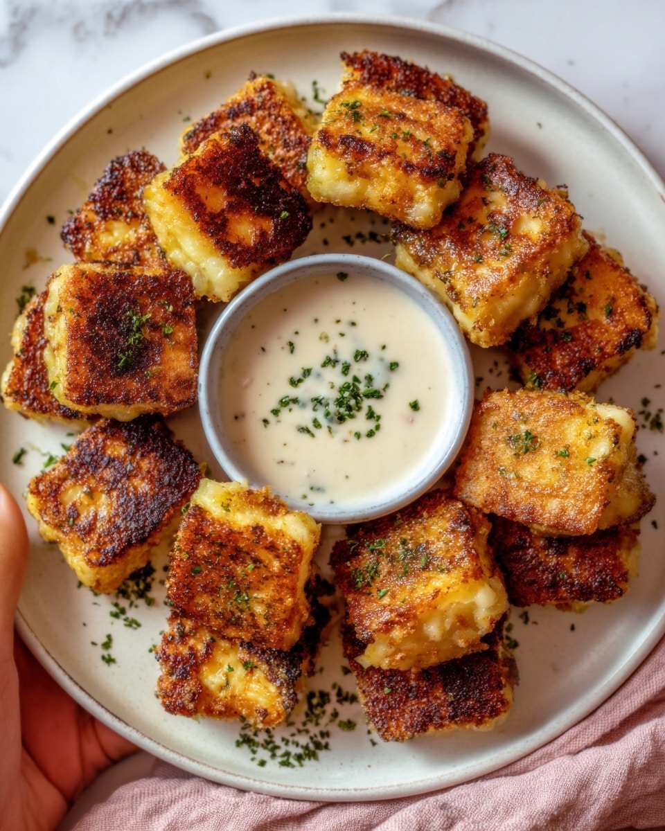 The image shows a white round plate on a white marbled surface, filled with about 13 small square crispy golden-brown pieces of fried cheese, each piece having a crunchy textured top with some light charring. In the center of the plate is a small white round bowl filled with creamy off-white dipping sauce garnished with tiny green herb bits. Some green herbs are also sprinkled on the plate around the fried cheese. A woman's hand holds the plate from the side. A light pink cloth is partially visible underneath the plate. Photo taken with an iphone --ar 4:5 --v 7