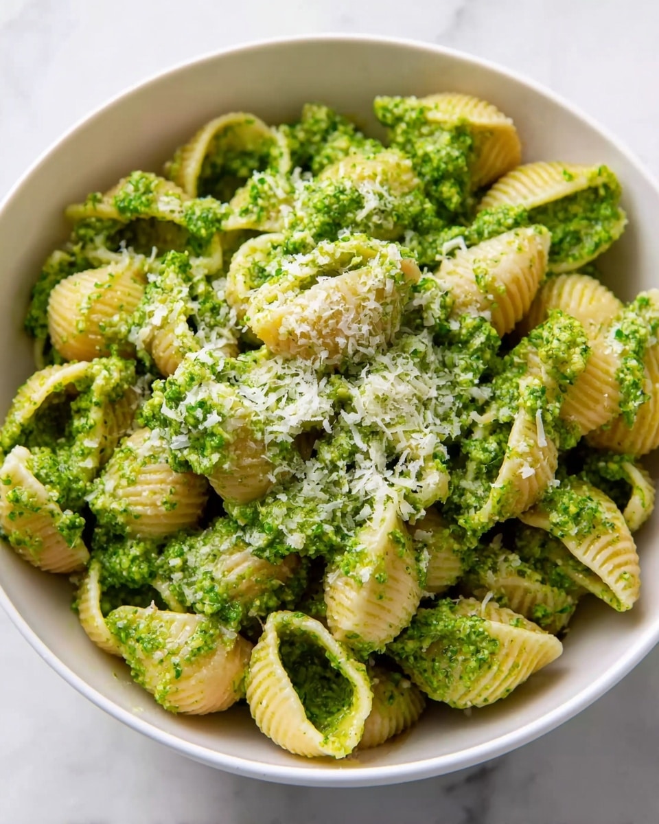A close-up image of a white bowl filled with shell pasta mixed thoroughly with green pesto sauce, giving the dish a textured, slightly chunky green coating. The pasta shells are light beige with ridged surfaces and hollow centers, some filled with the green sauce. There is a light sprinkle of grated white cheese on top, adding a fine, snow-like layer mainly in the center. The bowl sits on a white marbled surface, emphasizing the contrast between the creamy beige pasta and vibrant green pesto. photo taken with an iphone --ar 4:5 --v 7