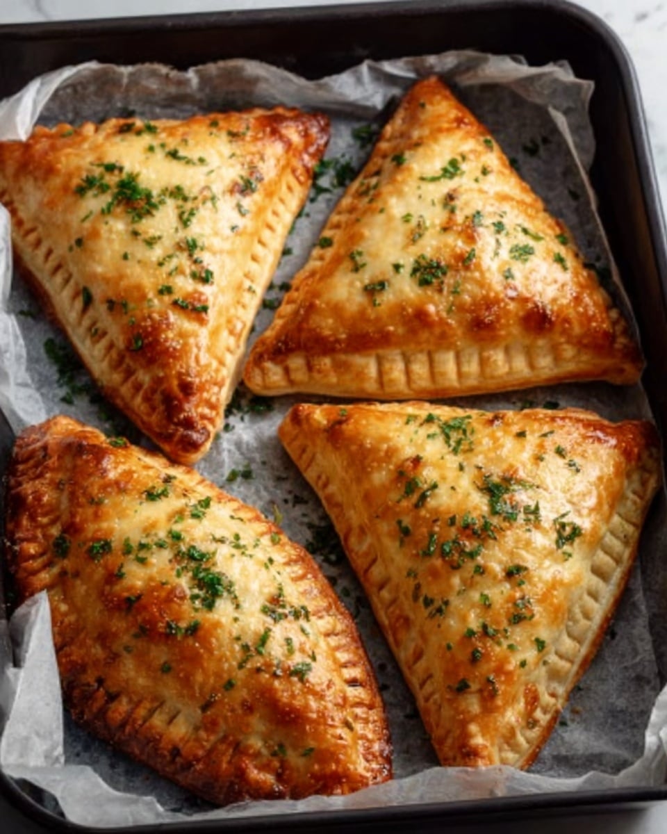 The image shows a black baking dish with four triangular pastries inside, each with golden-brown, slightly crispy crusts and small green herb sprinkles on top. The pastries are evenly spaced in two rows, resting on white parchment paper that lines the dish. The texture of the crust is flaky, with crimped edges clearly visible. The white marbled surface contrasts with the black dish, bringing focus to the warm, baked pastries. Photo taken with an iphone --ar 4:5 --v 7