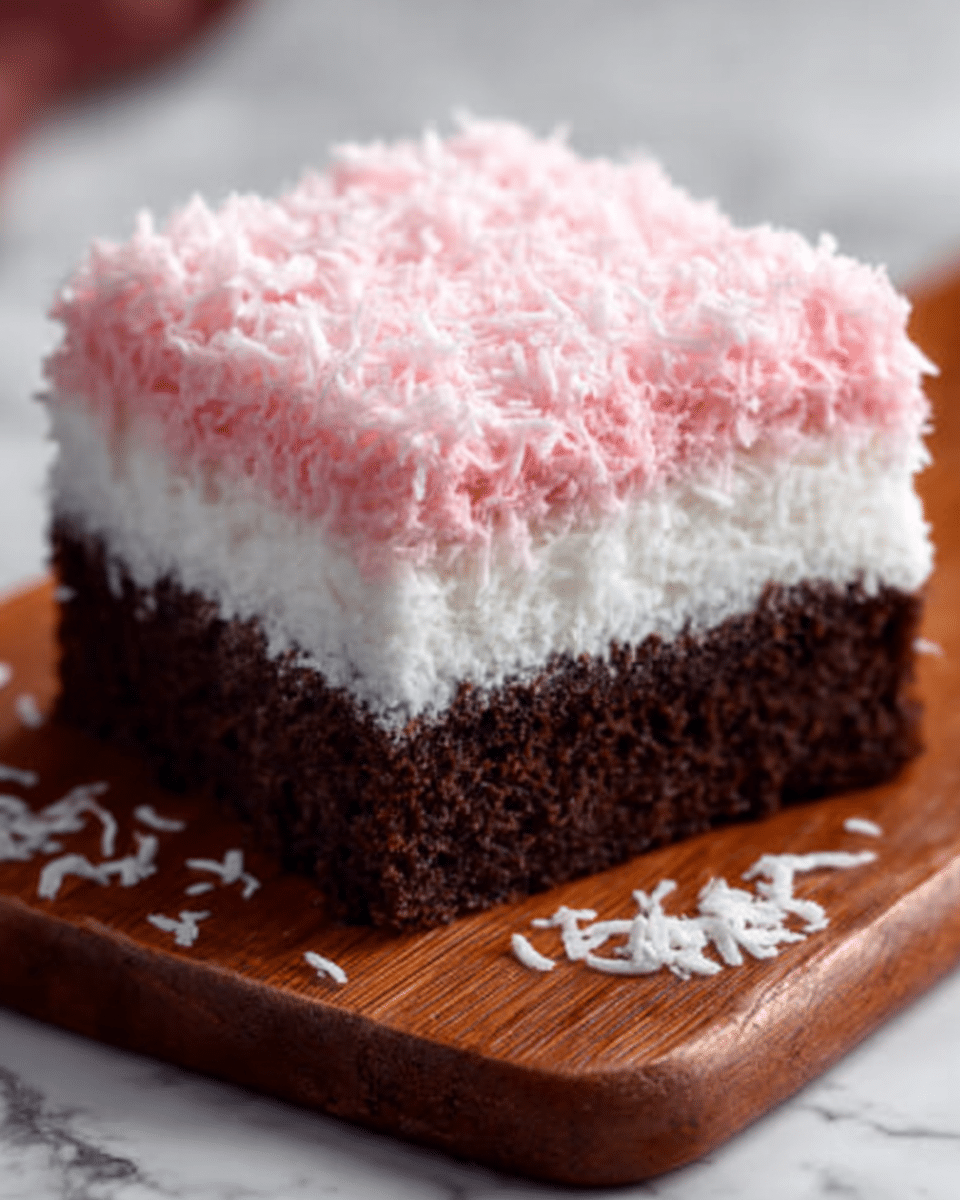A square piece of cake with three distinct layers sits on a wooden cutting board against a white marbled background. The bottom layer is dark brown, moist chocolate cake, rich and dense. The middle layer is white and fluffy, looking like whipped cream or coconut cream. The top layer is a bright pink, textured with fine, soft coconut shreds that create a fluffy appearance. A few white coconut flakes are scattered on the cutting board around the cake. Photo taken with an iphone --ar 4:5 --v 7
