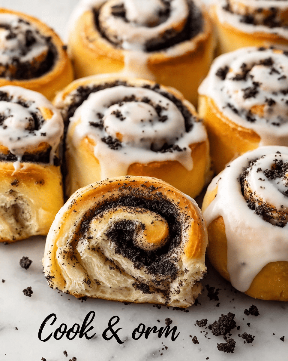The image shows soft, golden-brown cookie and cream rolls arranged closely together, each with visible dark cookie crumb swirls inside the light, fluffy dough. The rolls are topped with a thin, white creamy glaze drizzled in a spiral pattern, adding a glossy texture. One roll is separated from the group on a white marbled surface, showing its inside with a light airy layer filled with dark cookie bits and the outer edge slightly browned. Small cookie crumbs are scattered around the rolls, enhancing the fresh, homemade look. Photo taken with an iphone --ar 4:5 --v 7