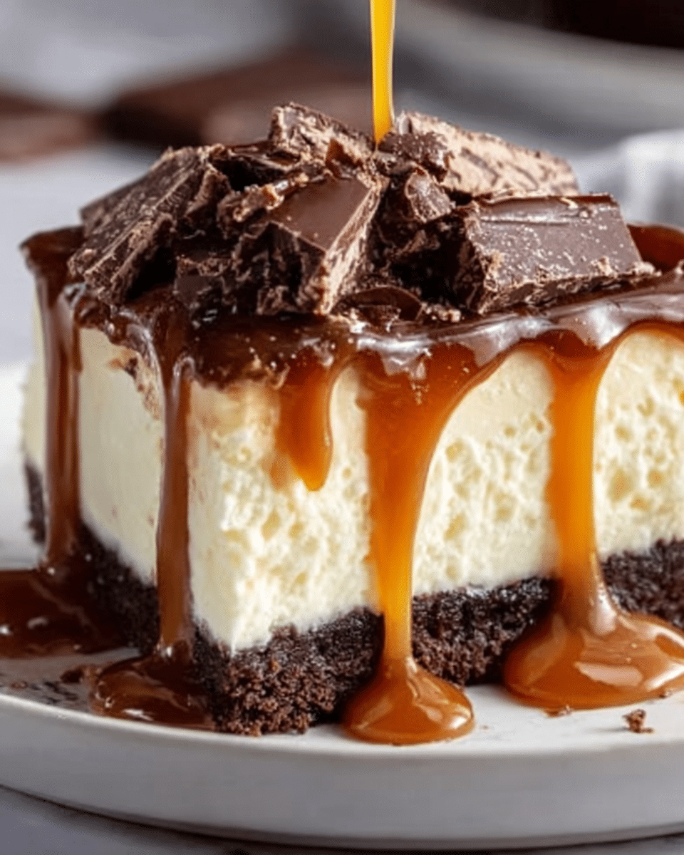 A close-up of a cheesecake slice with three clear layers: a dark brown crumbly crust at the bottom, a thick creamy off-white middle layer of cheesecake, and a glossy caramel sauce dripping over the edges, topped with scattered broken pieces of dark chocolate. The slice sits on a white plate on a white marbled surface, with a small part of a woman's hand visible holding the plate. The lighting highlights the smooth texture of the caramel and the softness of the cheesecake. Photo taken with an iphone --ar 4:5 --v 7