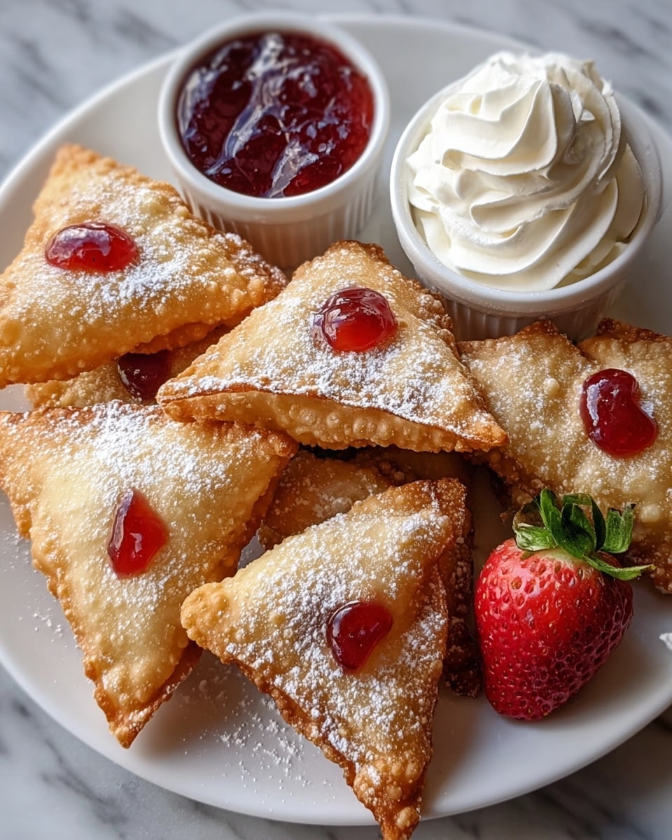 The image shows a white plate filled with golden-brown, crispy triangular fried pastries dusted lightly with powdered sugar. Each pastry has a small dollop of red jam on top. On the top right of the plate, there is a small white bowl filled with swirled white whipped cream. Next to the pastries on the right side, there are two halves of a red strawberry with visible seeds and green leaves. Behind the pastries, there is another small white bowl filled with red jam. The plate is placed on a white marbled surface. photo taken with an iphone --ar 4:5 --v 7