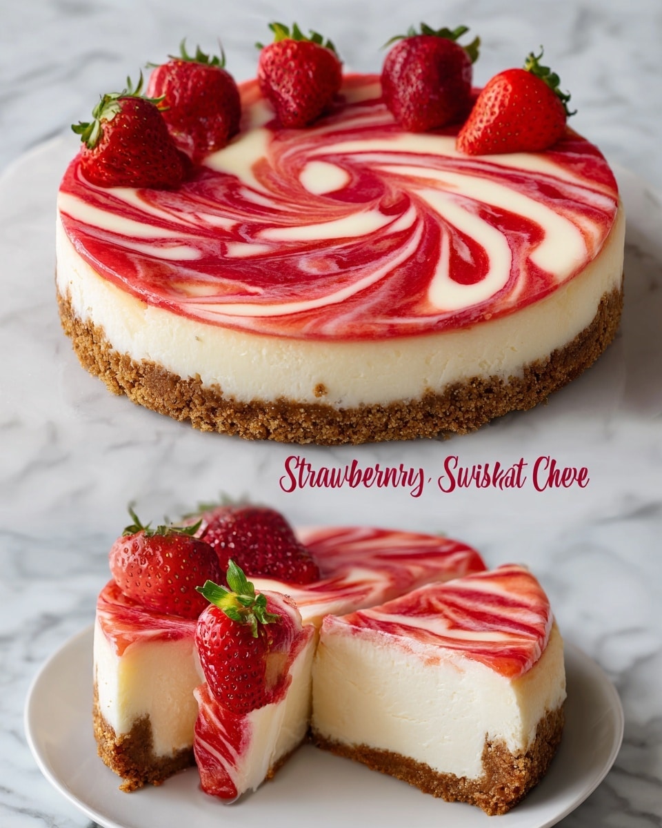 This image shows a round cheesecake with a thick, brown crumb crust as the bottom layer. The middle layer is creamy white cheesecake filling, smooth and dense. The top layer is decorated with a beautiful red and white strawberry swirl pattern that looks glossy and smooth, with some areas mixed softly together forming waves across the surface. On top of the first cheesecake, there are whole and halved bright red strawberries with green tops placed around the edges. The cheesecake sits on a white plate, placed on a white marbled surface, with one slice cut out showing the layers clearly inside. photo taken with an iphone --ar 4:5 --v 7