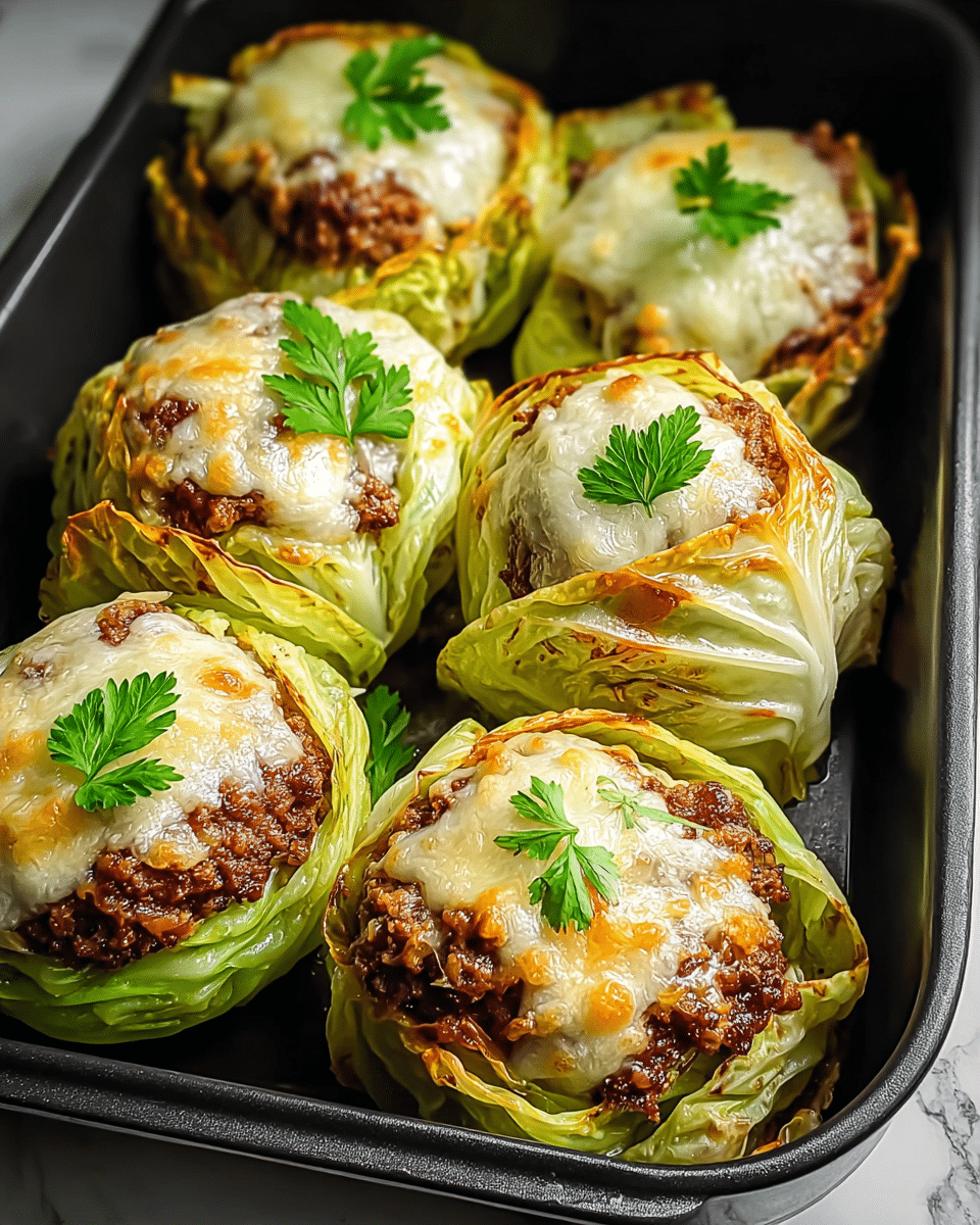 The image shows five servings of stuffed cabbage, each consisting of a base layer of thick, lightly roasted pale green cabbage leaves with browned edges, topped with a thick, dark brown, textured ground meat patty layer. Covering the meat is a layer of melted white cheese with hints of golden-brown spots and a glossy, slightly stretchy texture. Each serving is garnished with a small fresh green parsley leaf on top. All servings are arranged closely together in a black baking tray on a white marbled surface. photo taken with an iphone --ar 4:5 --v 7