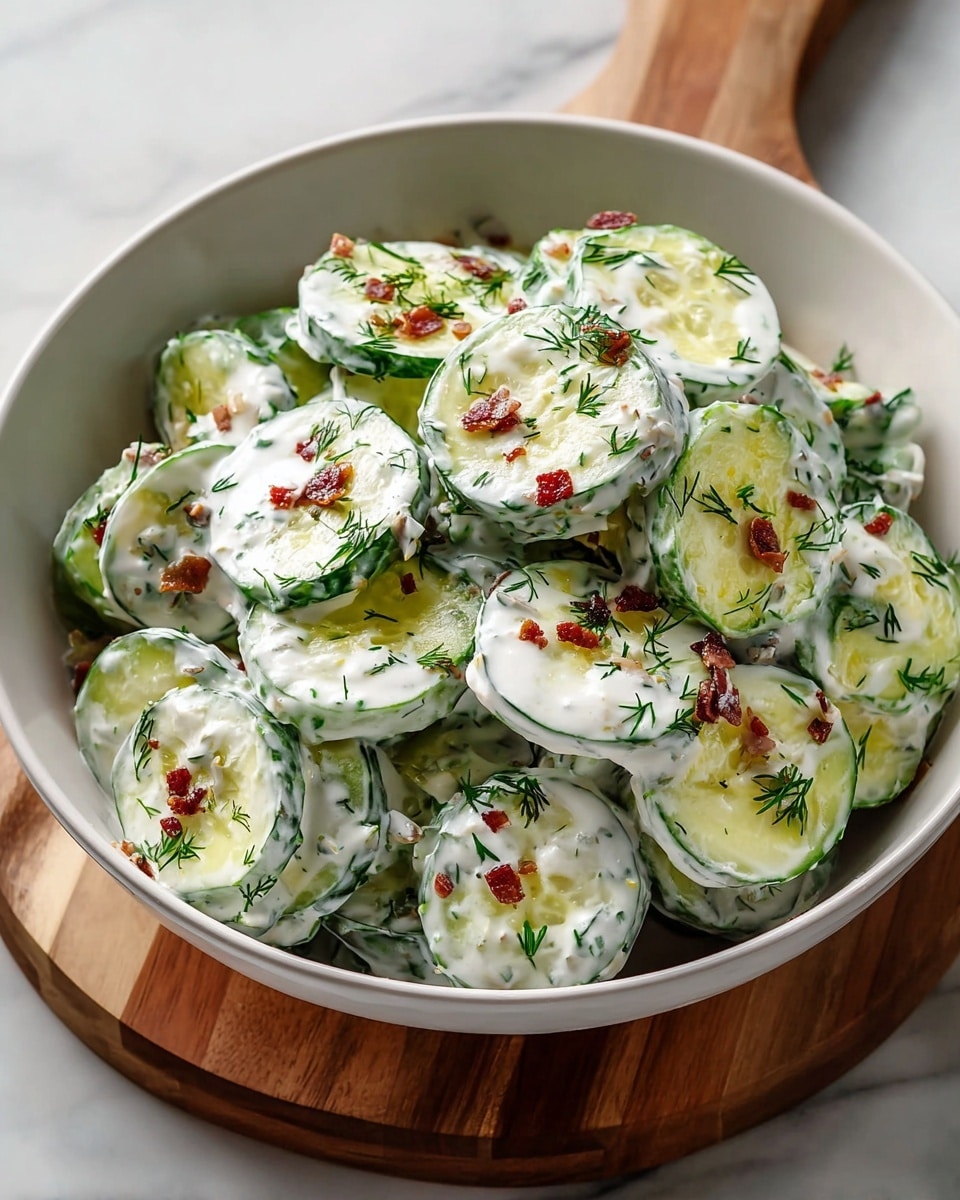A white bowl filled with many round slices of cucumber covered in a creamy white dressing mixed with small green herb pieces, likely dill. Scattered finely chopped reddish-brown bits, possibly bacon or spices, add color contrast on top. The bowl sits on a wooden board placed over a white marbled surface. photo taken with an iphone --ar 4:5 --v 7