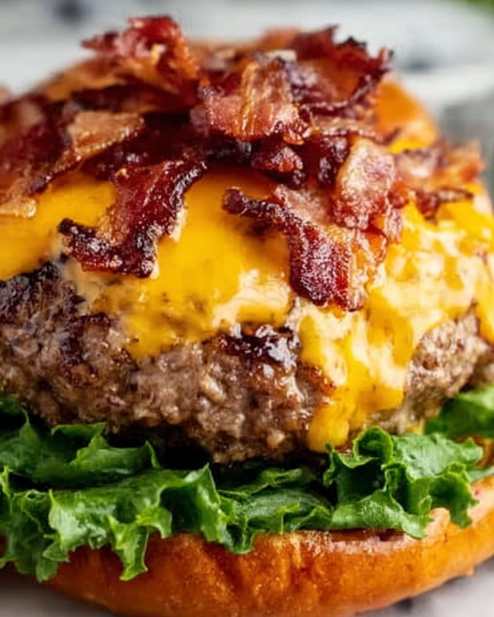 A close-up image of a cheeseburger patty topped with bright orange melted cheddar cheese, with crispy brown bacon strips layered on top. The burger patty looks juicy and browned, sitting on a bed of fresh green lettuce that peeks out slightly from the bottom. The background is a white marbled texture, highlighting the rich colors and textures of the meat, cheese, and bacon. photo taken with an iphone --ar 4:5 --v 7
