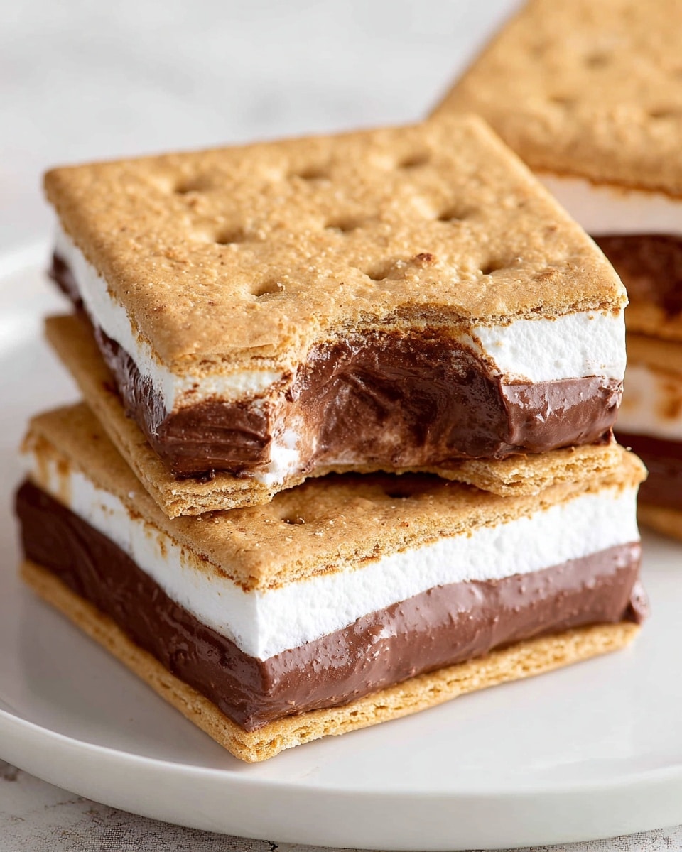 The image shows two layered s'mores squares stacked on a white plate with a white marbled texture background. Each square has three layers: the top and bottom layers are light brown, thin, and crispy graham crackers with small holes. Between these crackers, the middle layers consist of a thick, dense chocolate layer with a rich, dark brown color, and a smooth, creamy white marshmallow layer above it. The top square has a bite taken out of the corner, showing the soft, fluffy marshmallow and the dense chocolate clearly inside. Photo taken with an iphone --ar 4:5 --v 7