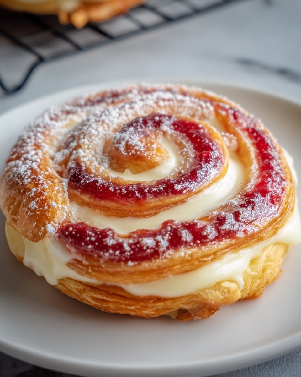 A close-up of a spiral-shaped pastry on a white plate with a white marbled surface underneath. The pastry has a golden-brown flaky outer layer with a shiny glaze. Inside the spiral, there is a layer of thick white cream filling that oozes slightly out of the edges. The top swirl is decorated with a bright red raspberry jam layer, sparkling under the light. Light powdered sugar is dusted over the entire pastry, adding a soft white contrast. Photo taken with an iphone --ar 4:5 --v 7