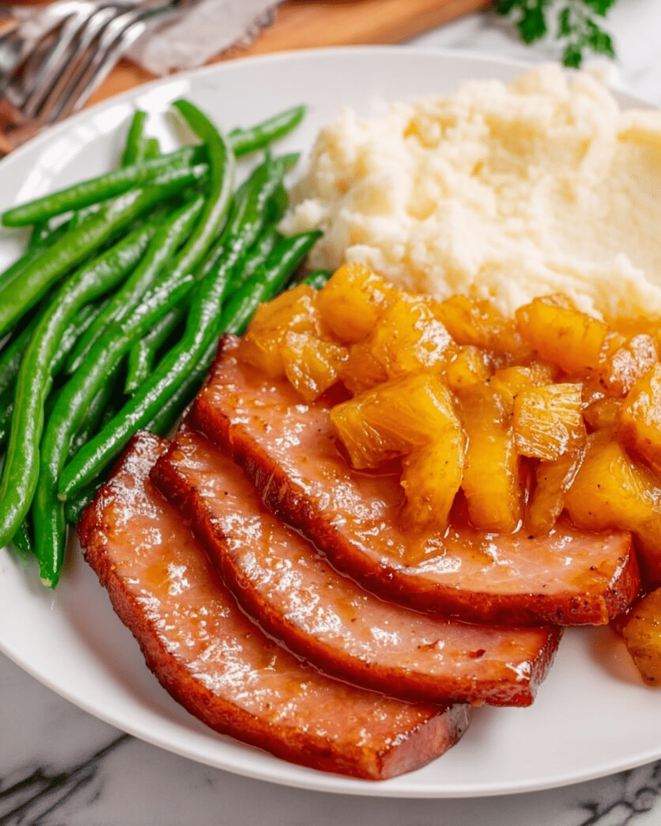 A white plate holds a meal with several layers: on one side, a pile of bright green cooked green beans with a smooth texture, next to a serving of creamy white mashed potatoes that look soft and fluffy. The main part of the plate shows three thick, glossy slices of ham with a brown glaze on top, covered with bright orange chunks of pineapple that are juicy and shiny. The plate sits on a white marbled surface, and a fork is seen in the background. Photo taken with an iphone --ar 4:5 --v 7