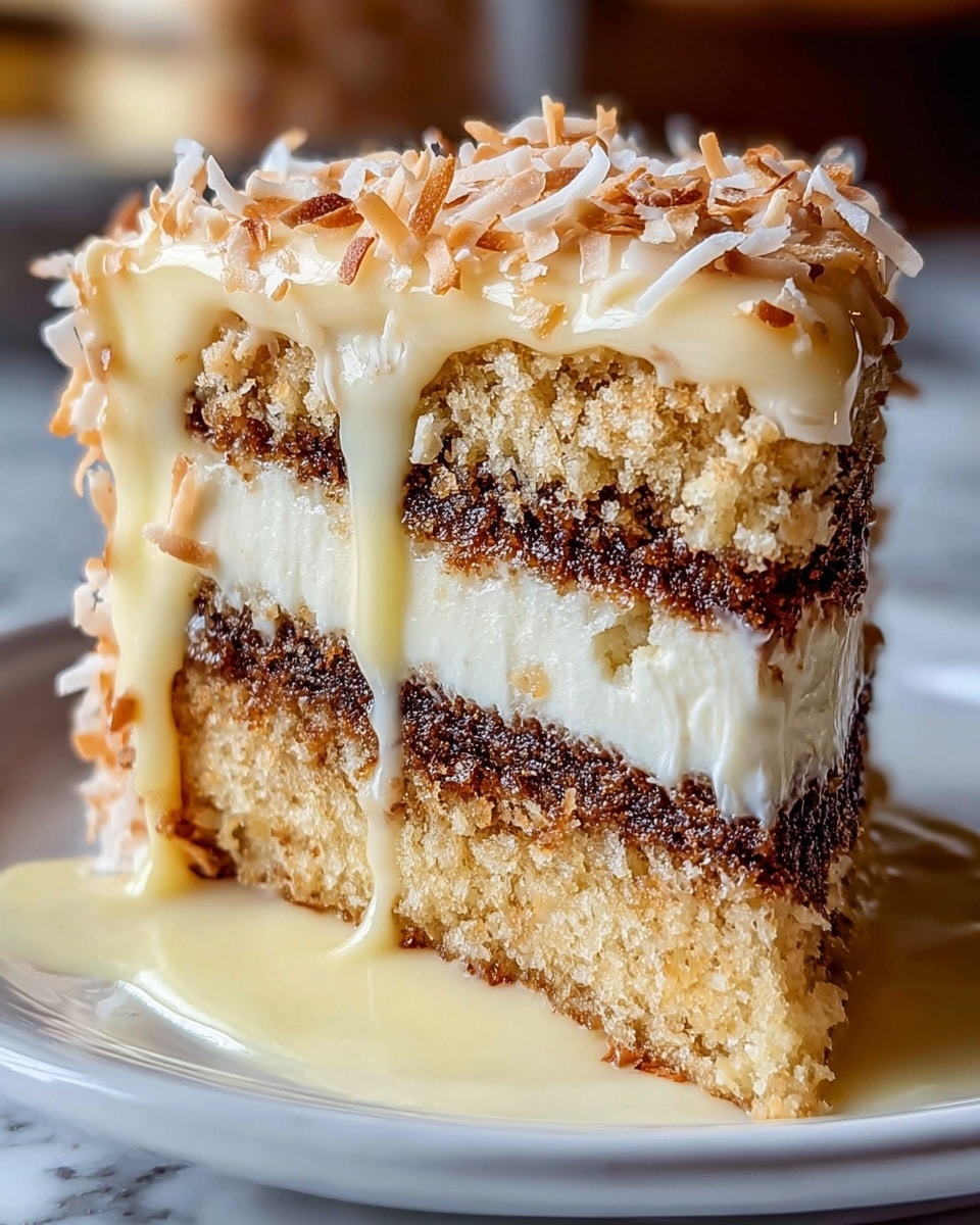 A close-up view of a two-layer cake slice sitting on a white plate on a white marbled surface. The bottom layer has a light golden brown color with a crumbly texture. Above it is a creamy layer of white frosting, followed by a thick dark brown crumbly layer. The top layer is covered in a smooth, pale yellow glaze that drips down the sides of the cake. Toasted coconut flakes cover the top and sides, adding texture and color contrast. Creamy sauce pools slightly at the base, enhancing the moist appearance of the cake. Photo taken with an iphone --ar 4:5 --v 7