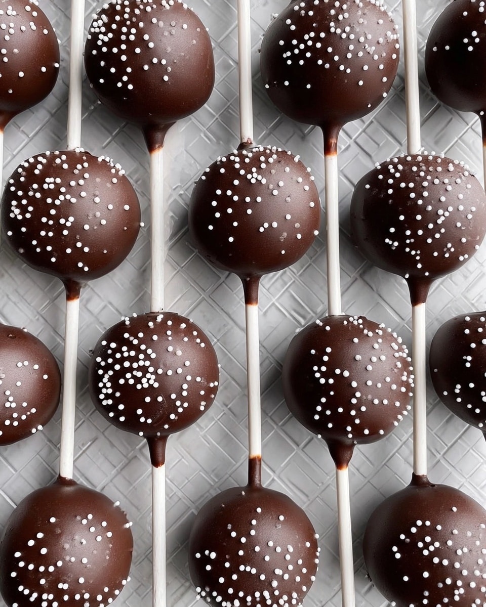 The image shows a neat grid of chocolate cake pops, each round ball covered in smooth, dark chocolate and decorated with small white round sprinkles scattered evenly on top. Each cake pop is attached to a white stick, all arranged vertically on a white marbled textured surface with a subtle herringbone pattern. The chocolate coating is slightly glossy, and the cake pops look uniform in size and shape with a clean finish. photo taken with an iphone --ar 4:5 --v 7