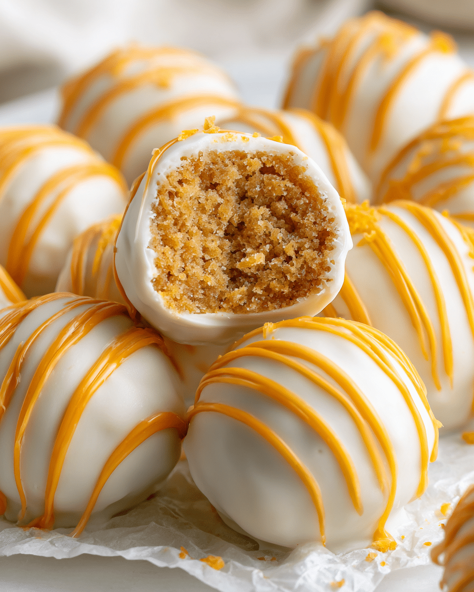 A close-up view of round bite-sized cake balls with an outer layer of smooth white coating covered by thin, bright orange drizzle that forms uneven lines wrapping around each ball. One cake ball is cut in half at the center showing a dense, moist, and crumby light brown interior layer with a rough texture. These cake balls are placed on crumpled parchment paper resting on a white marbled surface, giving a cozy and fresh look. photo taken with an iphone --ar 4:5 --v 7