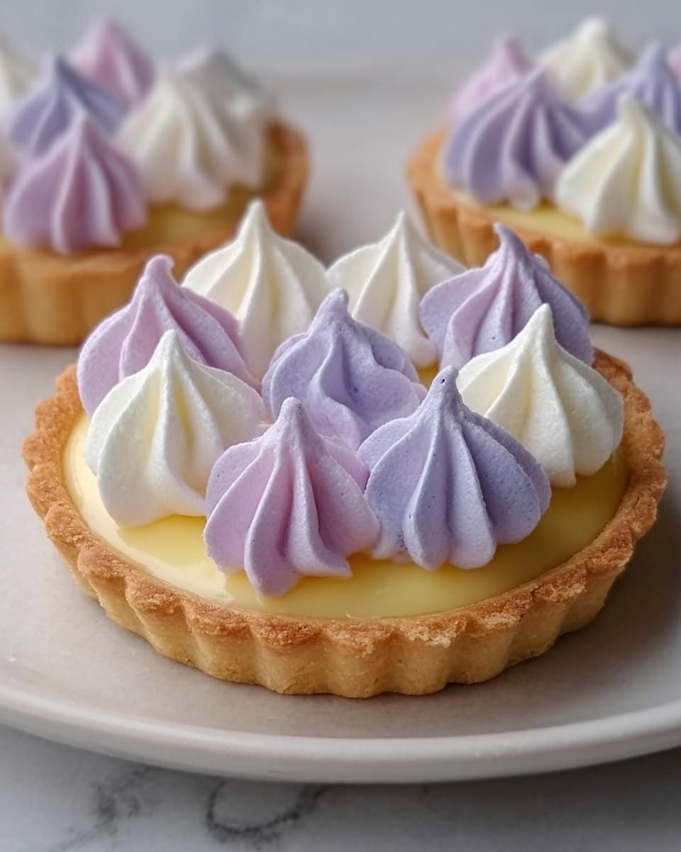 A small tart with a golden brown crust as the base, filled with a smooth cream layer in pale yellow. On top, there is a swirl of light purple and white cream dollops arranged in a circle, each dollop having a soft, fluffy texture. The tart sits on a white plate placed on a white marbled surface. The photo taken with an iphone --ar 4:5 --v 7