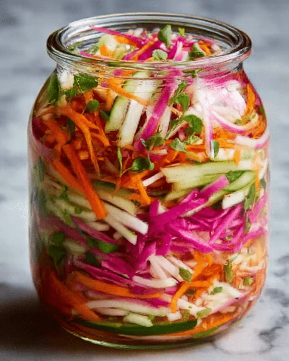 A clear glass jar filled with colorful pickled vegetables arranged in layers, including thin orange carrot strips, white radish sticks, bright pink radish slices, green cucumber strips, and small green herb leaves scattered throughout, all mixed evenly and showing a crisp texture. The jar sits on a white marbled surface, highlighting the vibrant colors inside. Photo taken with an iphone --ar 4:5 --v 7