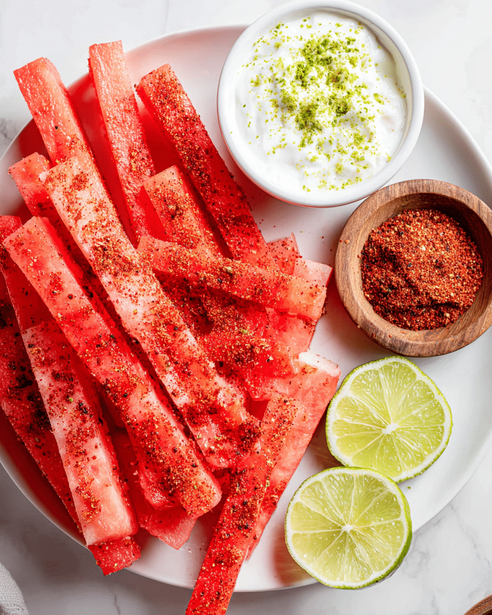 The image shows a white plate on a white marbled surface filled with thin sticks of bright red watermelon sprinkled with dark red chili powder. On the top right side of the plate, there is a small wooden bowl filled with a coarse red spice mix. Next to it, there is a small white bowl containing white yogurt topped with green lime zest. Two halves of a fresh green lime are placed on the plate, one at the top right corner and the other at the bottom left corner. The overall presentation is colorful with red, white, and green shades contrasting against the white marbled background. photo taken with an iphone --ar 4:5 --v 7