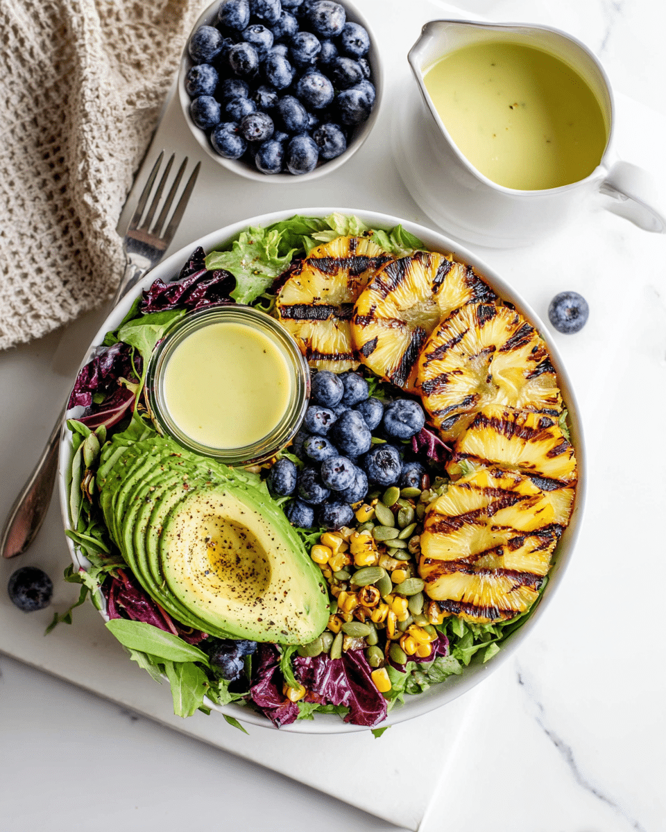 The image shows a white bowl filled with a colorful salad on a white marbled surface. The first layer is a bed of mixed green and purple leafy greens. On top of the greens are several blueberries scattered around, adding a deep blue color. On one side of the bowl, there are thin, grilled pineapple slices with dark grill marks, showing a yellow and brown color. Next to the pineapple, half of an avocado with fine slices across its natural green flesh is placed, sprinkled lightly with black pepper. There are also pieces of toasted corn kernels and green pumpkin seeds sprinkled over the top. In the center of the bowl is a small glass container with a pale yellow salad dressing. Nearby, there is a small white bowl filled with blueberries and a white pitcher with a similar pale yellow liquid, all arranged on a white marbled surface photo taken with an iphone --ar 4:5 --v 7