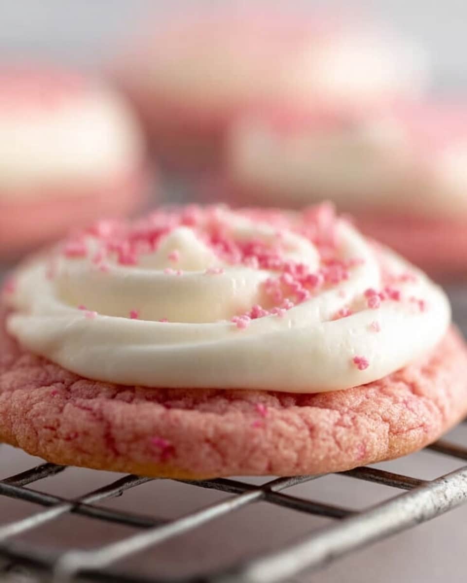 A close-up of a soft pink cookie with a thick layer of smooth white frosting swirled on top, covered with small pink crumb-like sprinkles. The cookie sits on a metal cooling rack, and the background is softly blurred with other similar cookies visible. The texture of the cookie looks slightly cracked and chewy, while the frosting is creamy and glossy. Photo taken with an iphone --ar 4:5 --v 7