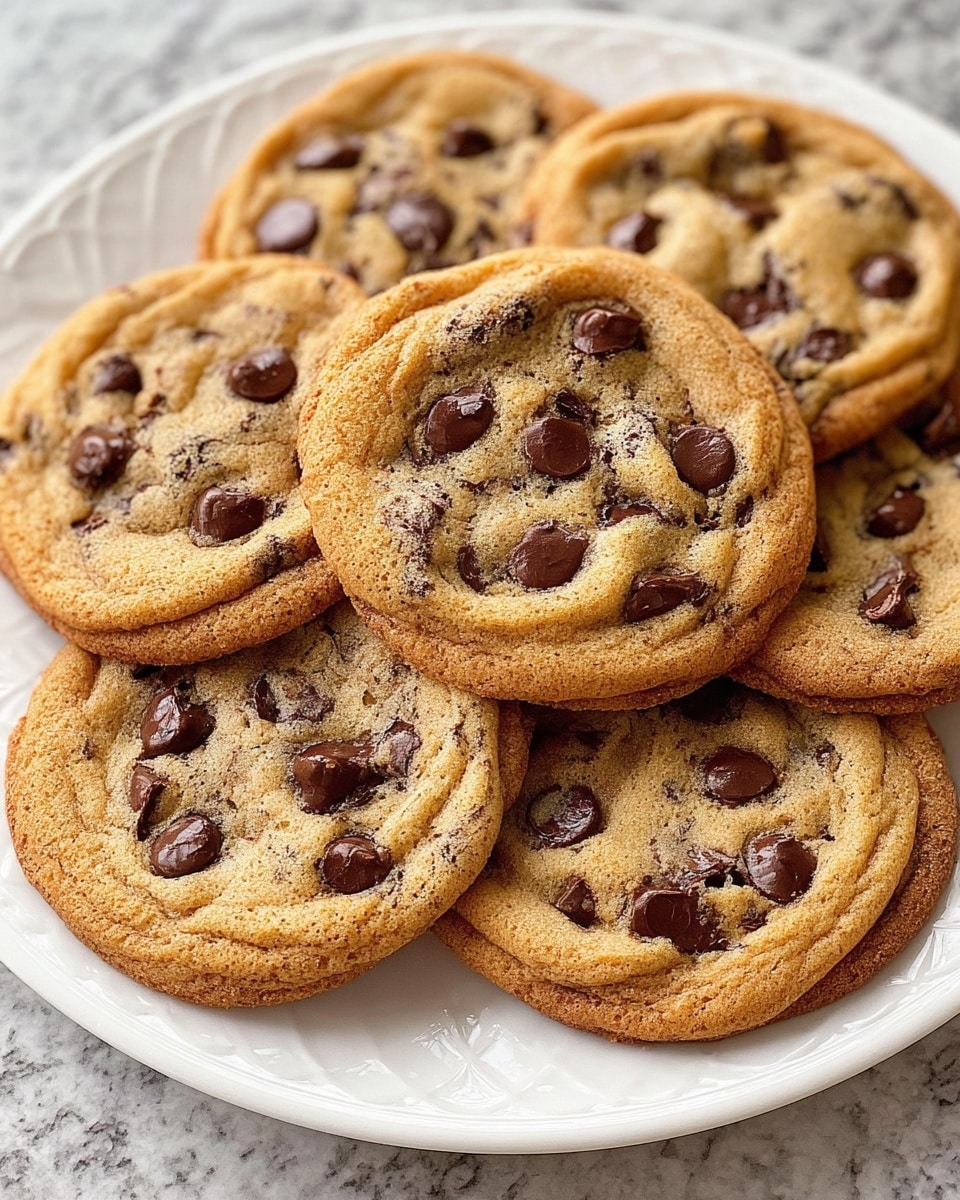 A white plate holds a stack of seven round chocolate chip cookies. Each cookie is golden-brown with a slightly crispy edge and a soft, light brown center filled with dark, shiny chocolate chips scattered unevenly. The cookies overlap one another, showing their textured, slightly cracked surfaces and the melted chocolate chips that look glossy and rich. The plate is set on a white marbled textured surface. photo taken with an iphone --ar 4:5 --v 7