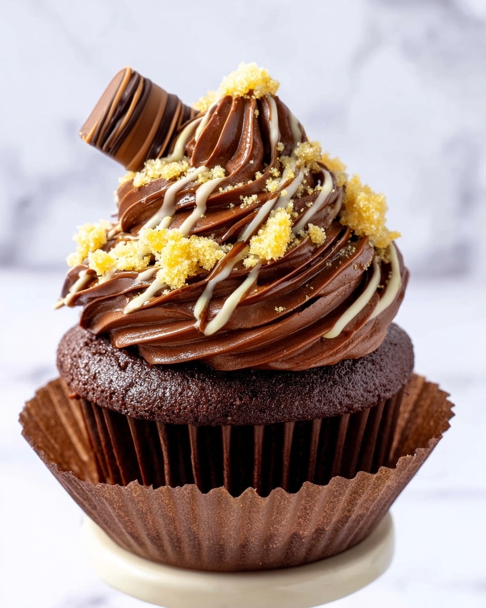 A chocolate cupcake with a dark brown base in a partially open brown paper wrapper sits on a white small stand. The top layer is rich, thick chocolate frosting swirled smoothly, drizzled with thin lines of white and milk chocolate sauces. Crumbled yellow cake crumbs are sprinkled over the frosting, and a piece of chocolate candy with a shiny surface and dark chocolate lines rests on top. The background is a white marbled texture. photo taken with an iphone --ar 4:5 --v 7