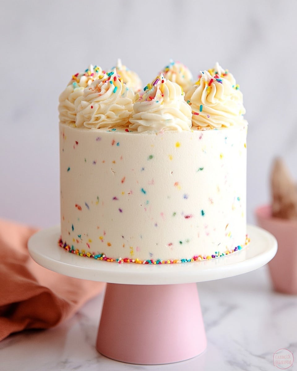 A small round cake with smooth light cream frosting mixed with small colorful sprinkles all over the surface. On top, there are eight evenly spaced swirled dollops of white cream, each decorated with colorful confetti sprinkles. The cake is centered on a white cake stand with a pastel pink base, set against a white marbled texture background. Photo taken with an iphone --ar 4:5 --v 7