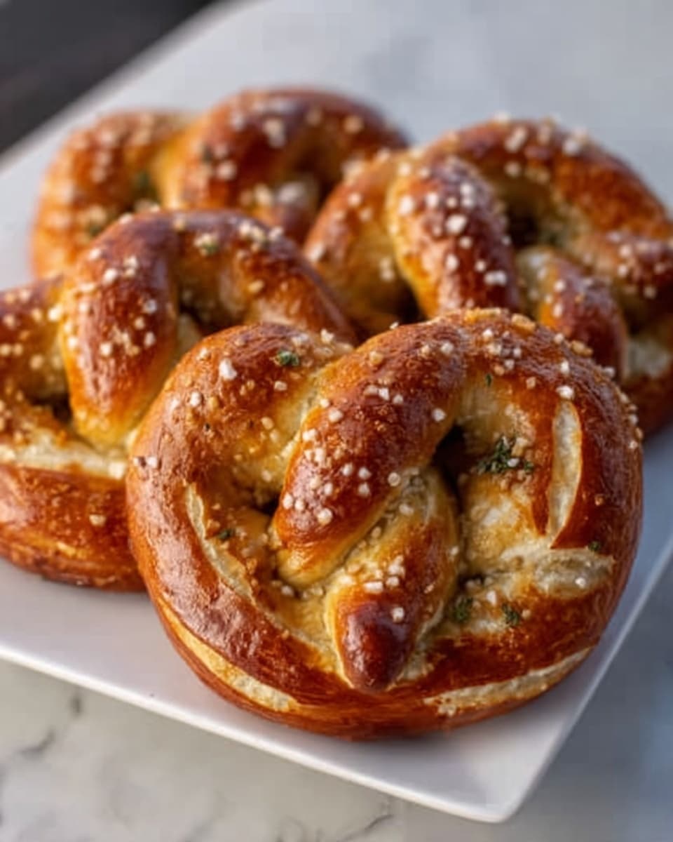 The image shows three soft pretzels with a shiny, golden brown surface, topped with coarse salt. Each pretzel has a twisted shape with a smooth, slightly cracked texture on top, revealing a soft inside. The pretzels are placed closely together on a clean, white square plate, which rests on a white marbled surface. The lighting highlights the shiny glaze and the sprinkled salt crystals, making the pretzels look fresh and warm. Photo taken with an iphone --ar 4:5 --v 7