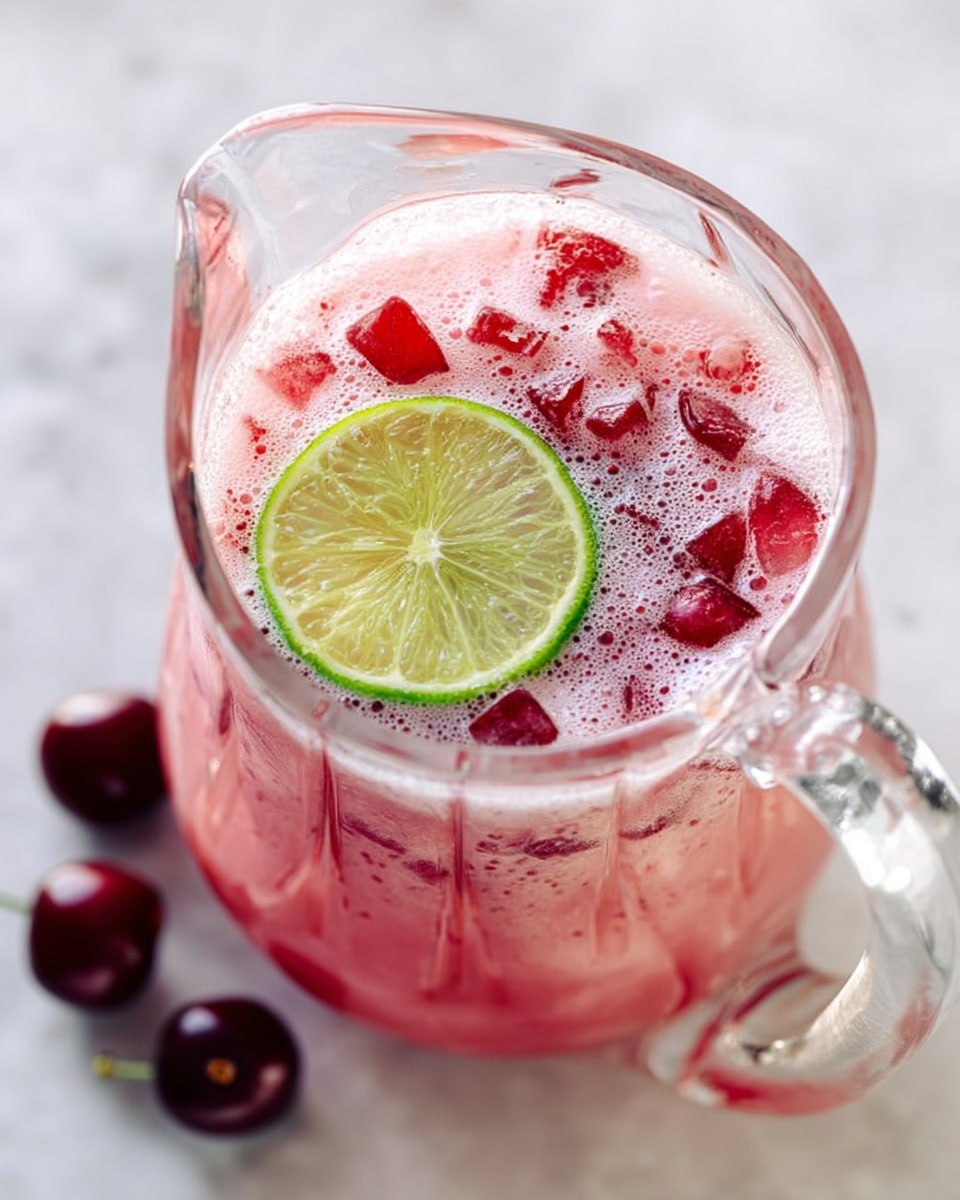 A clear glass pitcher filled with a pink fruity drink containing many scattered small red ice cubes or fruit pieces, topped with a single round slice of lime that floats on the surface in the center. The drink has small bubbles and foam around the edges. The pitcher is placed on a white marbled textured surface with two dark red cherries nearby. The handle of the pitcher is clear and curved. photo taken with an iphone --ar 4:5 --v 7