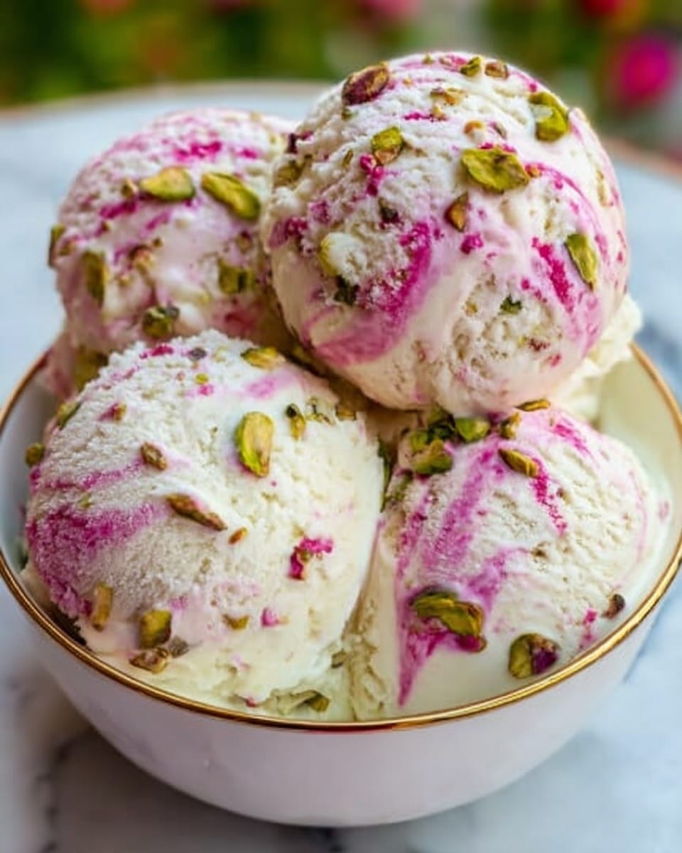 The image shows four scoops of ice cream in a white bowl with a gold rim. Each scoop is creamy white with streaks of bright pink swirled throughout and scattered green pistachio pieces embedded in the ice cream. The texture of the ice cream looks smooth with small bits of pistachio giving a slightly crunchy appearance. The bowl is placed on a white marbled surface, and the background is softly blurred with hints of green. photo taken with an iphone --ar 4:5 --v 7