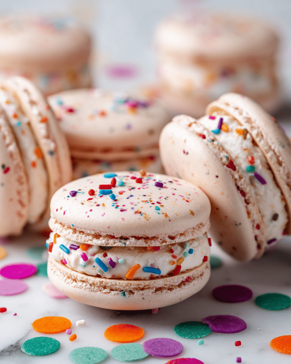 A close-up view of several macarons lined up side by side on a white marbled surface, each consisting of two smooth, pale pink shells with a slightly rough and airy texture on the inside. Between the shells is a thick layer of creamy white filling speckled with small, colorful confetti-like pieces in red, blue, orange, green, and yellow, evenly spread in the center. Scattered around the macarons on the white marbled surface are round confetti pieces in bright colors including orange, red, green, purple, and pink, adding a festive touch to the scene. photo taken with an iphone --ar 4:5 --v 7