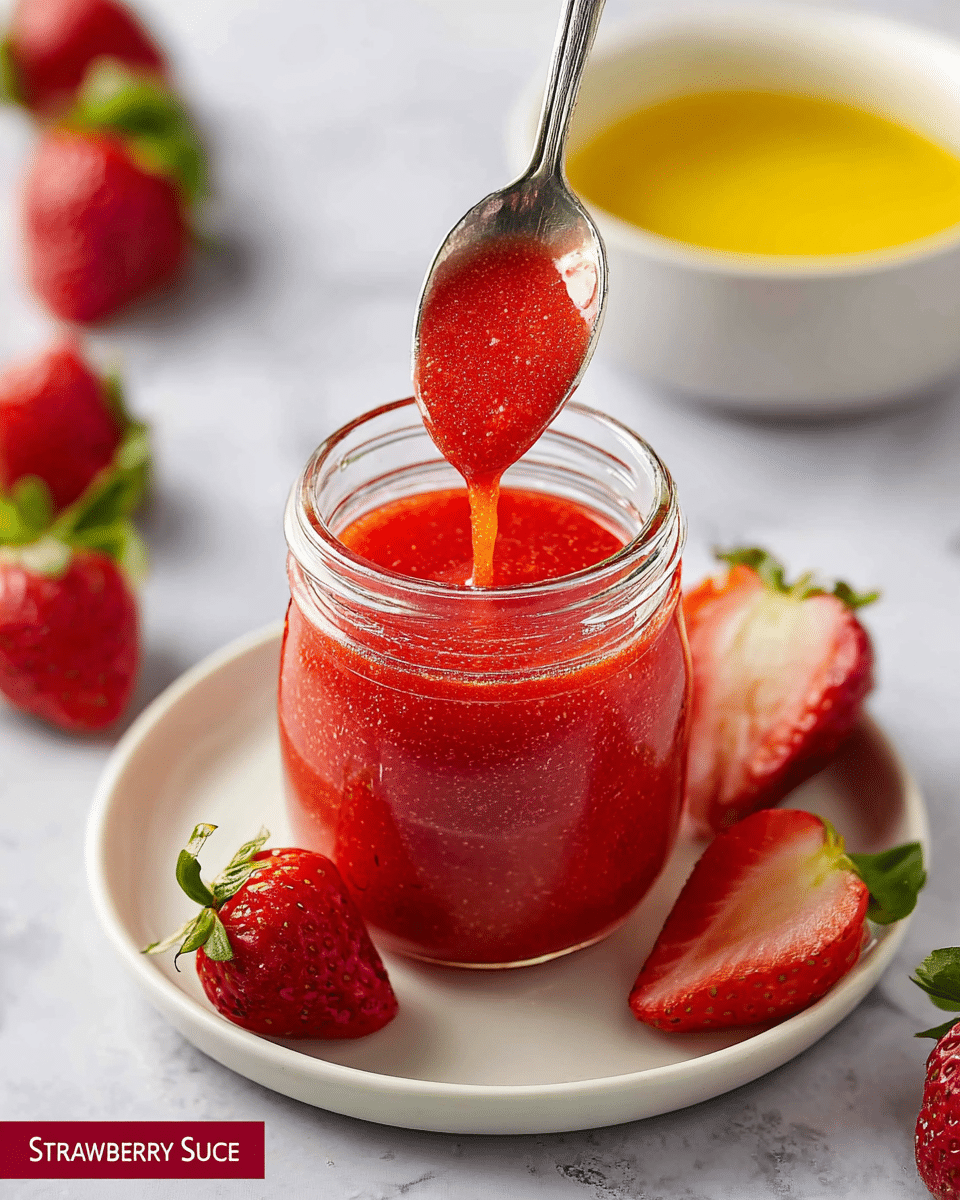 A clear glass jar filled with bright red strawberry sauce that looks smooth and slightly thick, with tiny strawberry seeds visible inside. A silver spoon held above the jar is dripping the red sauce back into it. The jar is placed on a white plate, and around the plate are fresh whole strawberries and a halved strawberry with bright red flesh and green leaves. In the background, there is a white bowl with yellow liquid on a white marbled surface. photo taken with an iphone --ar 4:5 --v 7