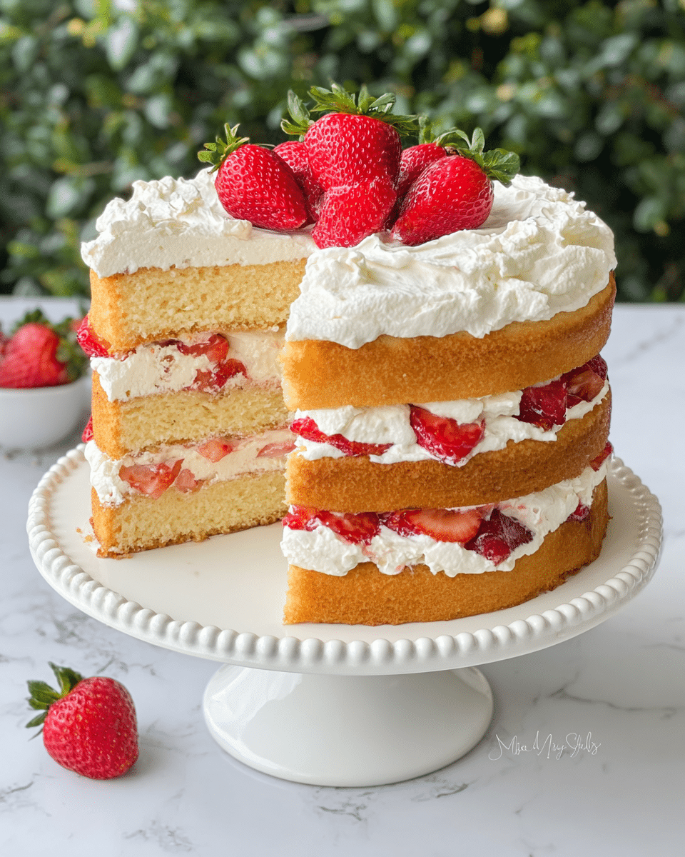 A three-layer vanilla cake is shown on a white cake stand with a beaded edge, each layer light golden brown and fluffy. Between each layer, there is a thick spread of white whipped cream mixed with sliced red strawberries. The top has a thick, uneven layer of whipped cream crowned with a few halved strawberries arranged around one whole strawberry placed in the center. The cake slice cut out reveals the soft spongy texture of the cake and cream layers with strawberry bits inside. Green bushes in soft focus are seen in the background. The scene is set on a white marbled surface. photo taken with an iphone --ar 4:5 --v 7
