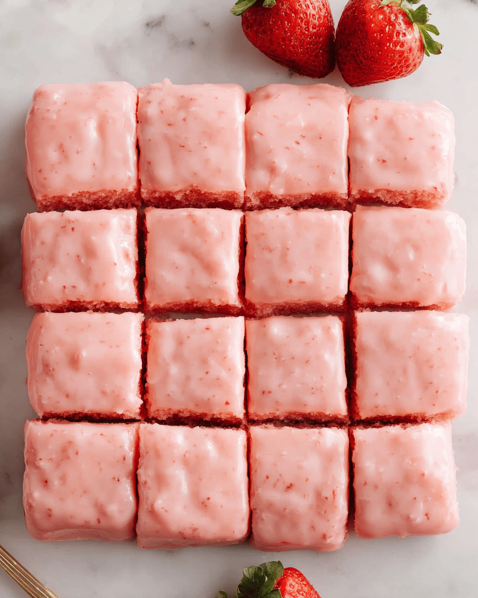 A batch of pink strawberry squares is cut into 16 pieces and arranged in a close grid on a white marbled surface. Each square has a smooth, glossy top layer of pink strawberry glaze with tiny bits of strawberry visible, sitting on a slightly darker pink cake base layer. The edges of the squares show a soft, moist texture. In the top right corner, two whole fresh strawberries with green leaves add a pop of red and green color next to the dessert. The overall look is clean and bright with soft pastel pink hues. photo taken with an iphone --ar 4:5 --v 7