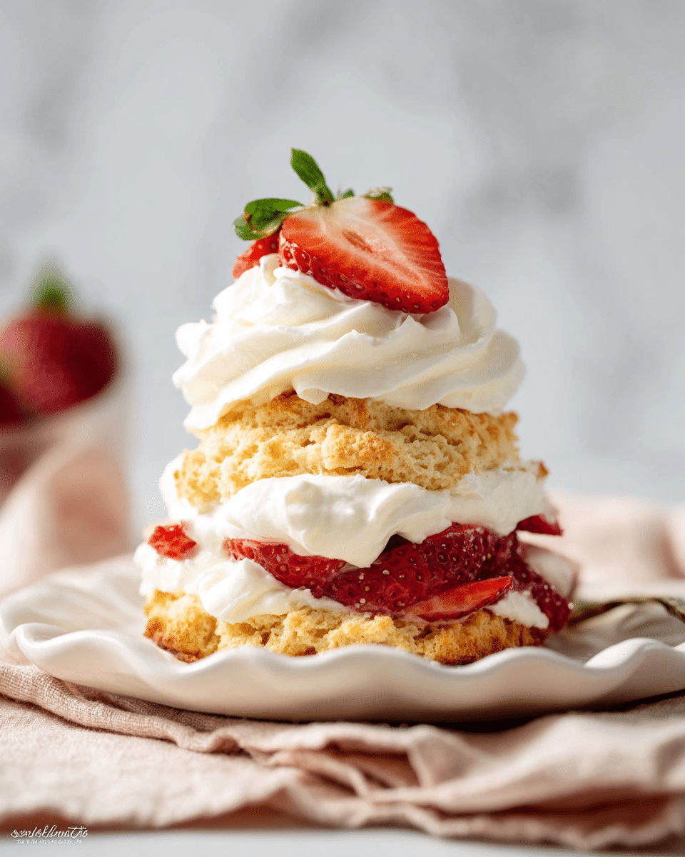 The image shows a strawberry shortcake with three main layers stacked vertically on a white scalloped plate placed on a folded beige cloth, all set against a white marbled background. The bottom layer is a golden brown, crumbly biscuit, topped with a thick, fluffy layer of white whipped cream. On top of the cream, there are bright red sliced strawberries peeking out, followed by another dollop of whipped cream. The top layer is another piece of golden biscuit, crowned with a generous swirl of whipped cream and a couple of fresh strawberry slices. The textures range from soft and creamy to crumbly and fresh. Photo taken with an iphone --ar 4:5 --v 7