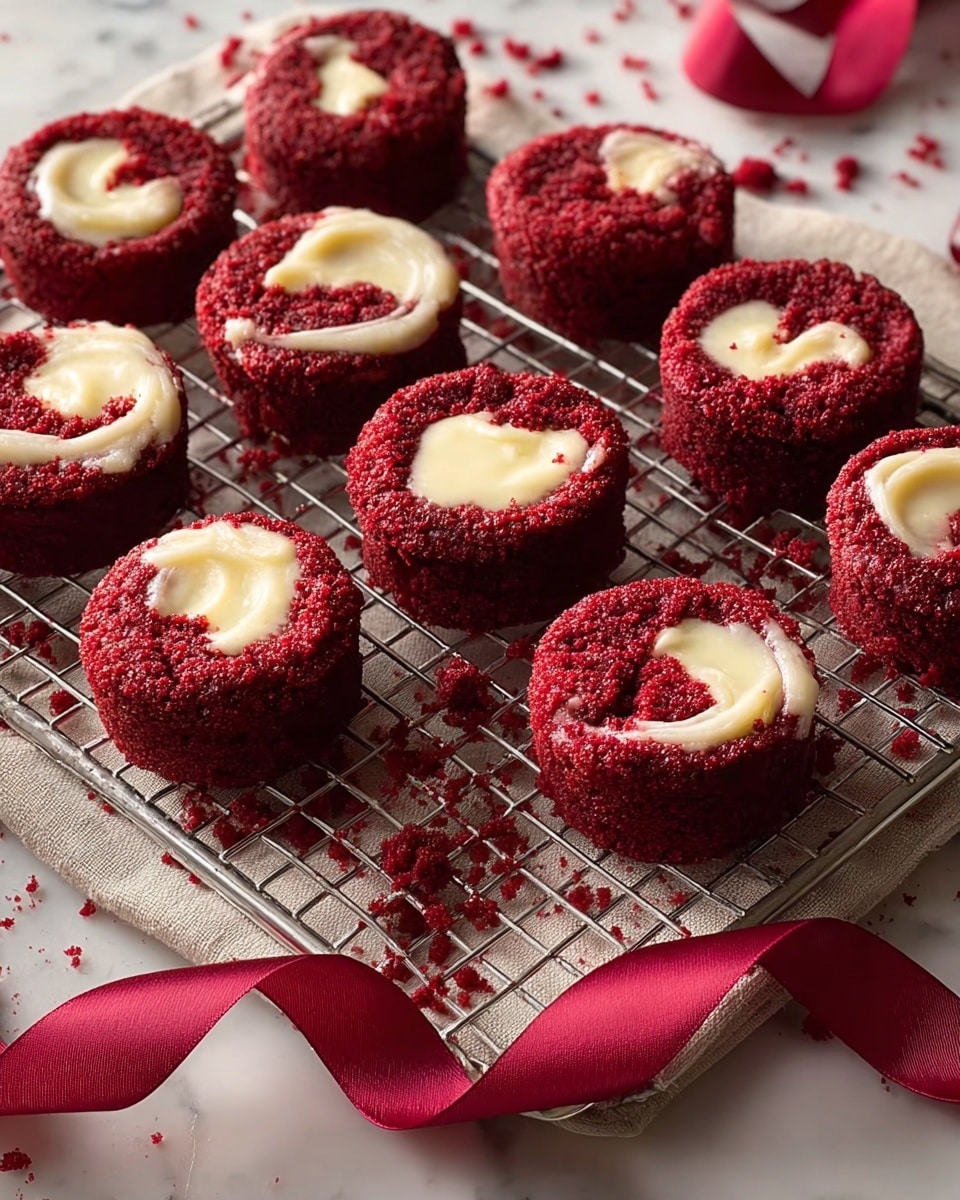The image shows a metal cooling rack with a dozen round red velvet mini cakes on it, each having a rough, moist texture. Some cakes have swirls or pools of creamy white filling on their tops, adding smooth contrast to the deep red crumb. The rack sits on a beige cloth scattered with red crumbs, and a deep red ribbon curls loosely at the corner, providing an extra touch of color. The background is a white marbled surface, bright and clean, enhancing the vivid red of the cakes. photo taken with an iphone --ar 4:5 --v 7