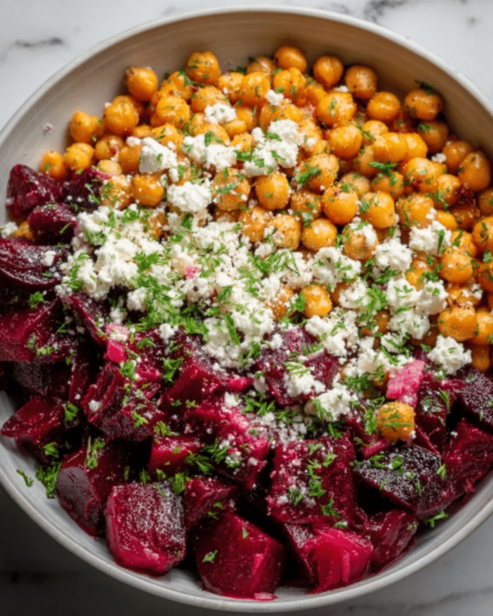 A white bowl filled with a colorful salad featuring three visible layers: the base layer consists of bright orange chickpeas, the middle layer shows deep red beet chunks, and the top layer is sprinkled with crumbled white cheese and chopped green herbs. The textures vary from smooth chickpeas to soft beet pieces and crumbly cheese, all arranged evenly across the bowl. The background is a white marbled surface, enhancing the vibrant colors of the salad. Photo taken with an iphone --ar 4:5 --v 7