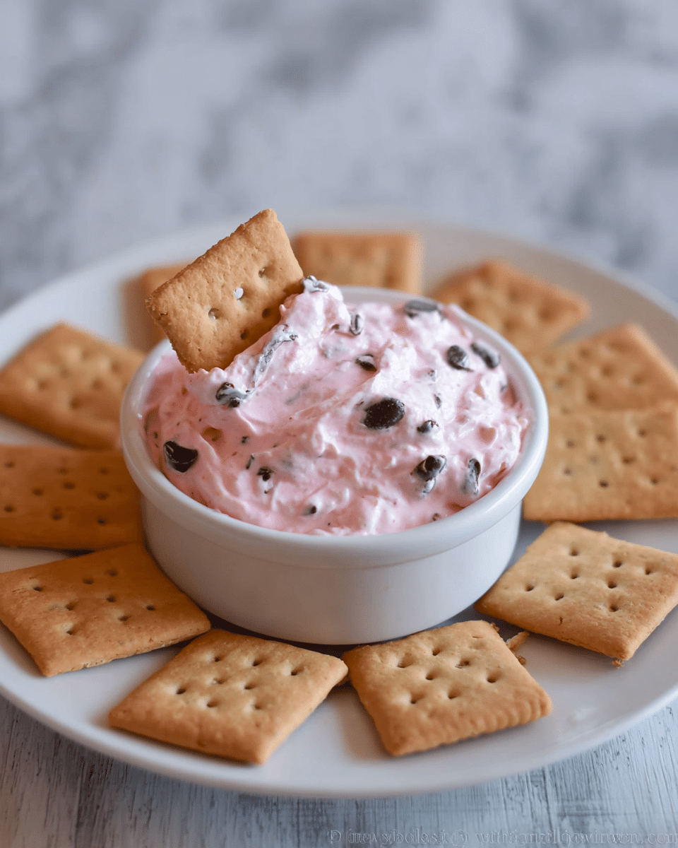 A white small bowl filled with pink creamy dip containing dark chocolate chips is placed at the center of a white plate. Around the bowl, there are multiple light brown rectangular graham crackers with small square holes, arranged in a circular pattern. One graham cracker is dipped halfway into the pink dip inside the bowl. The background has a soft focus with a white marbled texture surface. photo taken with an iphone --ar 4:5 --v 7