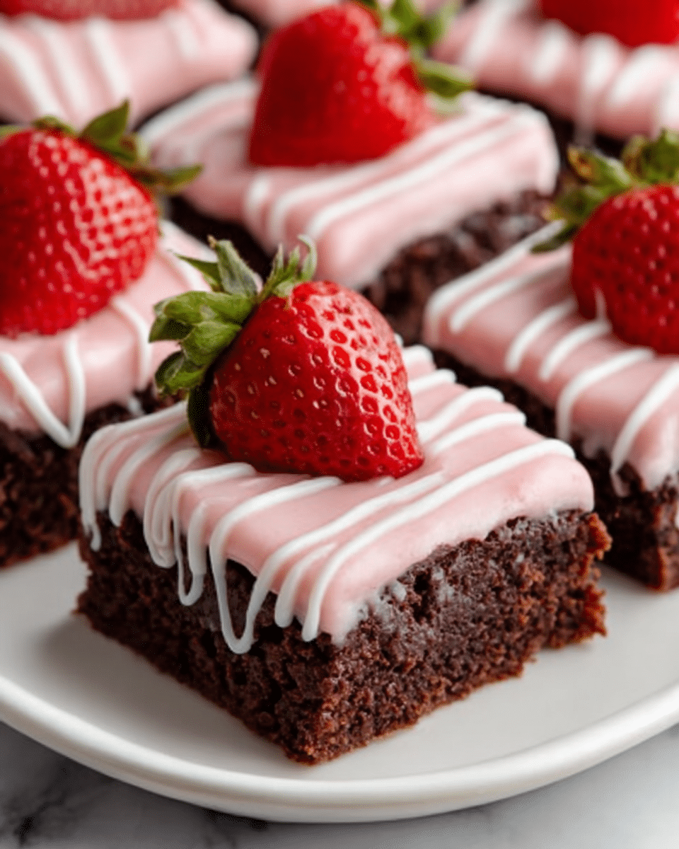 The image shows several square chocolate brownies arranged closely on a white plate, each topped with a smooth layer of light pink frosting. The frosting has thin white drizzle lines running across it. On top of each frosted brownie sits a whole bright red strawberry with green leaves, centered perfectly. The texture of the brownie looks moist and dense, contrasting with the creamy frosting. The plate with the brownies is placed on a white marbled surface. photo taken with an iphone --ar 4:5 --v 7