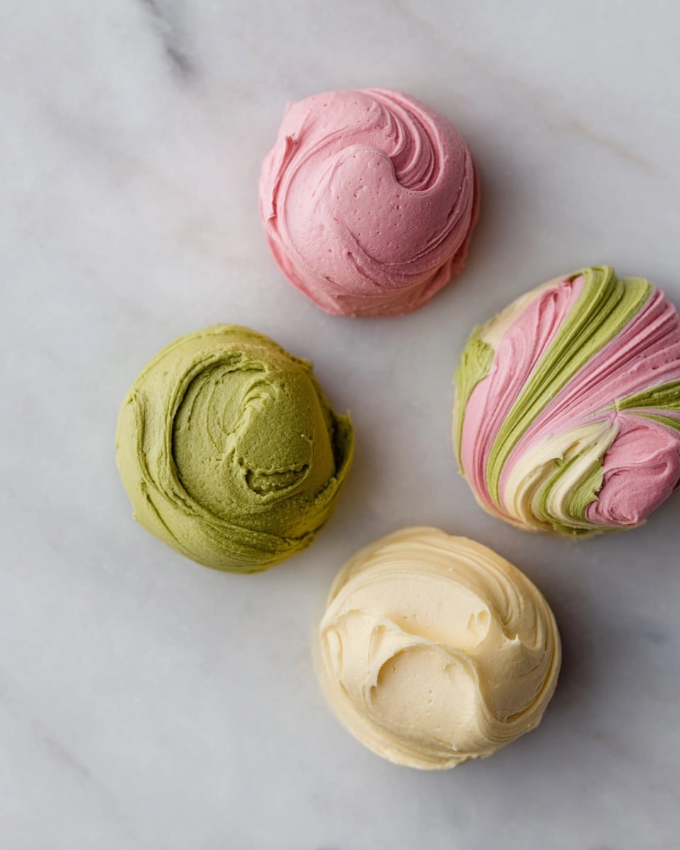 The image shows four round dollops of creamy, colorful soft dough or frosting on a white marbled surface. Three dollops are separate with distinct colors: a smooth pink one on top, a green one to the lower left with a slightly rough texture, and a pale yellow one to the lower right with soft swirls. Close by, a fourth dollop has all three colors swirled together in smooth waves, creating a striped pattern with pink, green, and pale yellow layers. The colors mix gently but stay bright and clear. photo taken with an iphone --ar 4:5 --v 7
