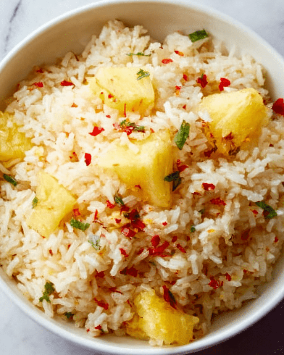 A close-up view of a white bowl filled with cooked rice mixed with chunks of yellow pineapple, small green herb pieces, and red chili flakes scattered throughout. The rice grains are fluffy and well-separated, with the pineapple pieces adding a juicy and bright contrast. The overall texture looks soft with slight crispiness from the chili. The bowl sits on a white marbled surface. Photo taken with an iphone --ar 4:5 --v 7